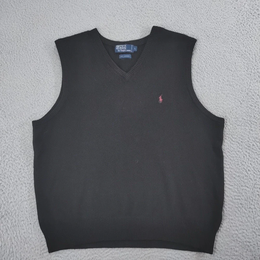 VTG Polo Ralph Lauren Sweater Vest Mens Large Black 100% Lambswool Pullover
